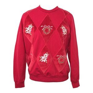 VTG Alfred Dunner Red Crewneck Sweater Floral Embroidery Small Christmas Grandma